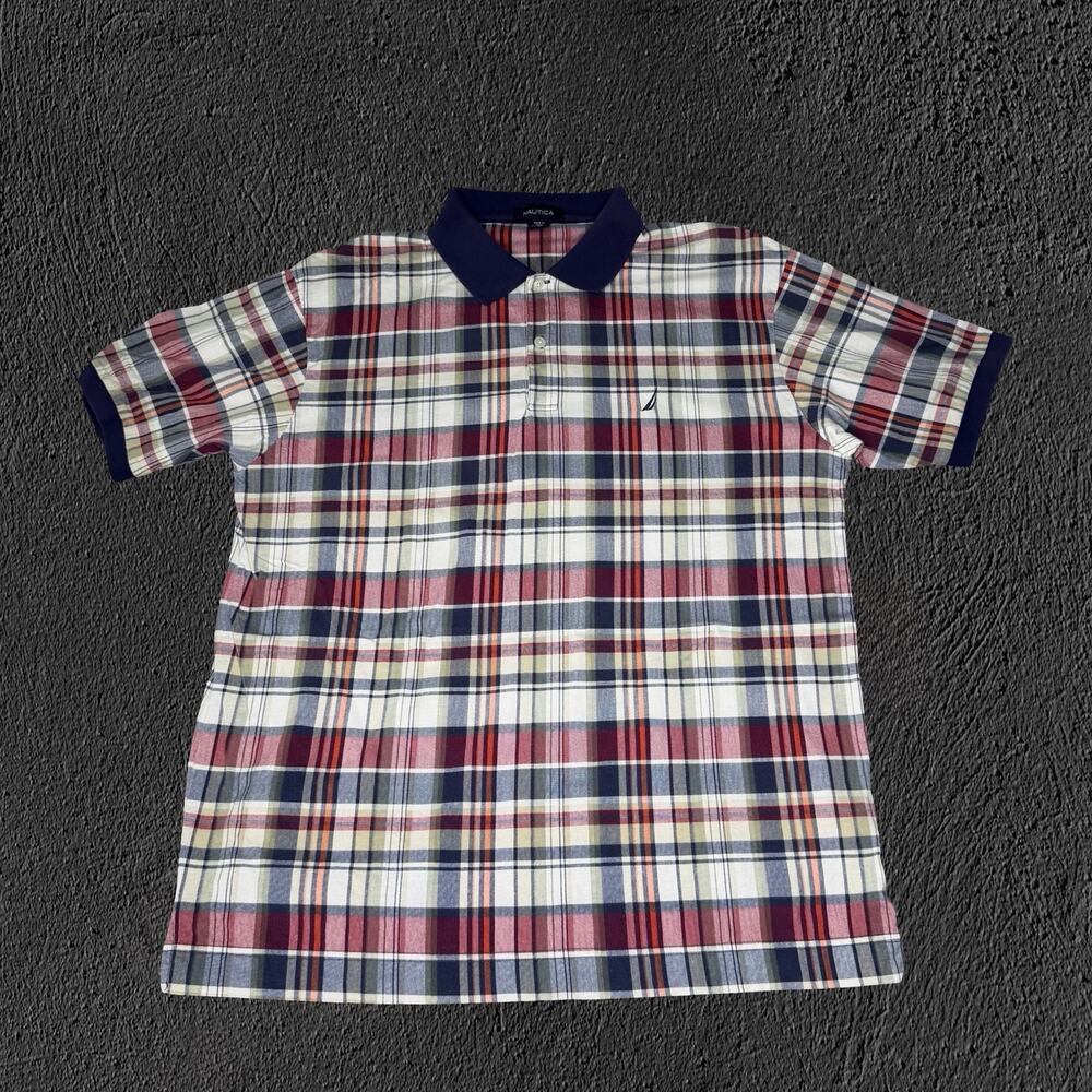 Nautica Plaid contrast navy collar sailboat polo